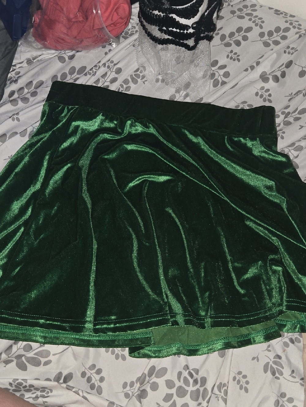 Dark Green Velvet Mini Skirt — Classic Flared Silhouette